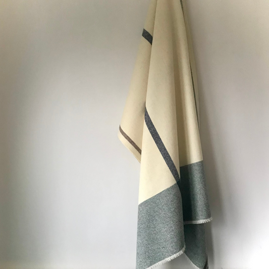 Woven Shawl - Ecru with Two Green Borders