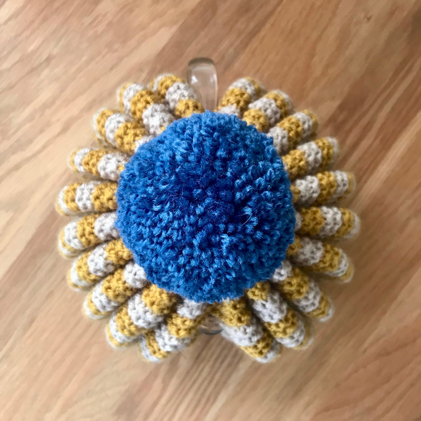 Hand Knitted Tea Cosy - Mustard, Oatmeal with Blue PomPom