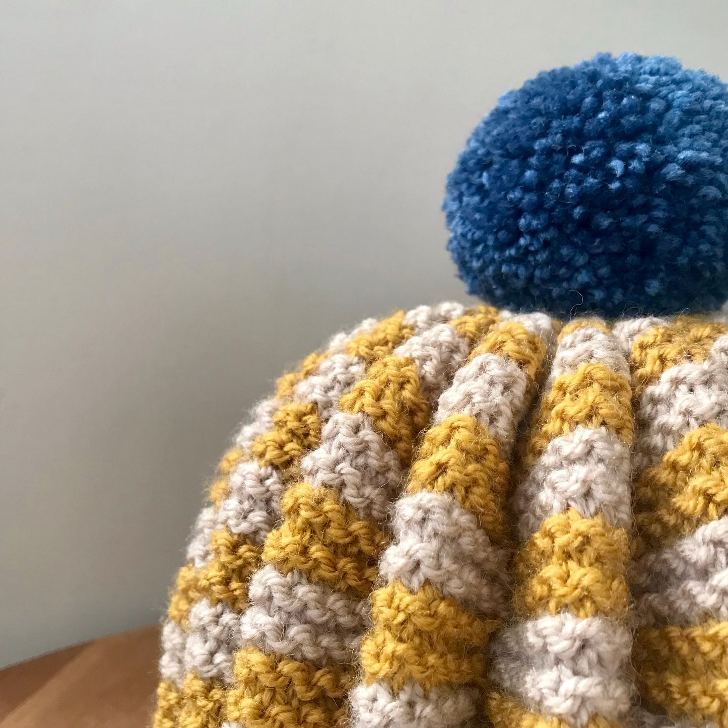 Hand Knitted Tea Cosy - Mustard, Oatmeal with Blue PomPom