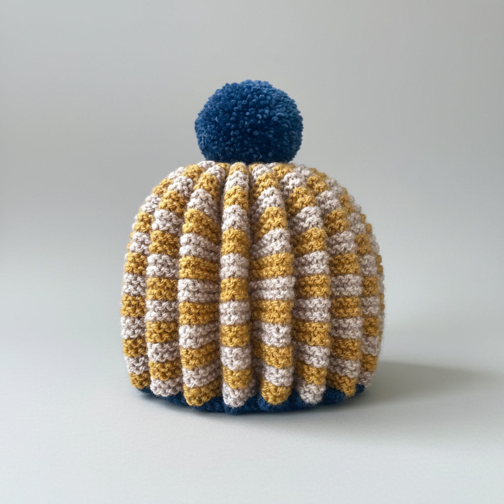 knitted tea cosy, mustard and oatmeal check with blue pompom on white bsckground
