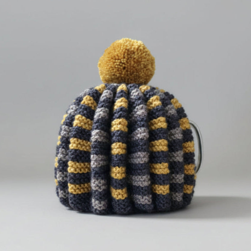 Hand Knitted Tea Cosy - Mustard, Light Brown, Dark Brown & Mustard PomPom