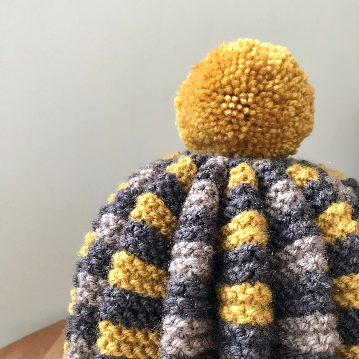 Hand Knitted Tea Cosy - Mustard, Light Brown, Dark Brown & Mustard PomPom