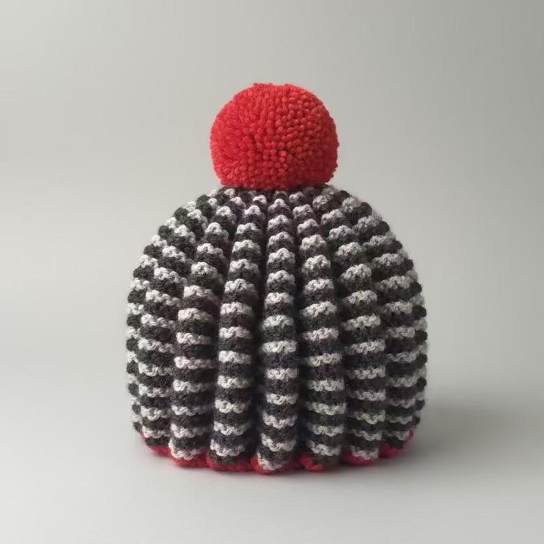 Hand Knitted Tea Cosy - Oatmeal, Dark Brown with Orange Pompom