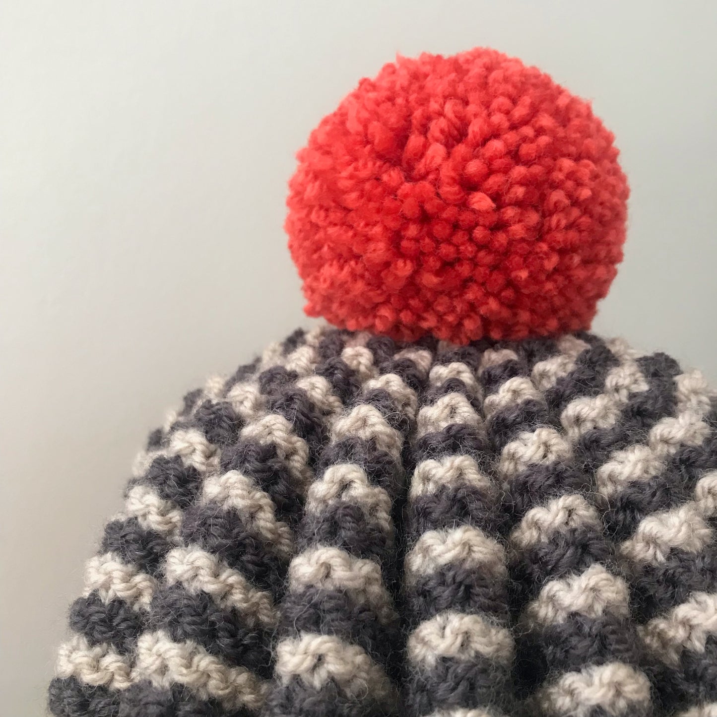 Hand Knitted Tea Cosy - Oatmeal, Dark Brown with Orange Pompom